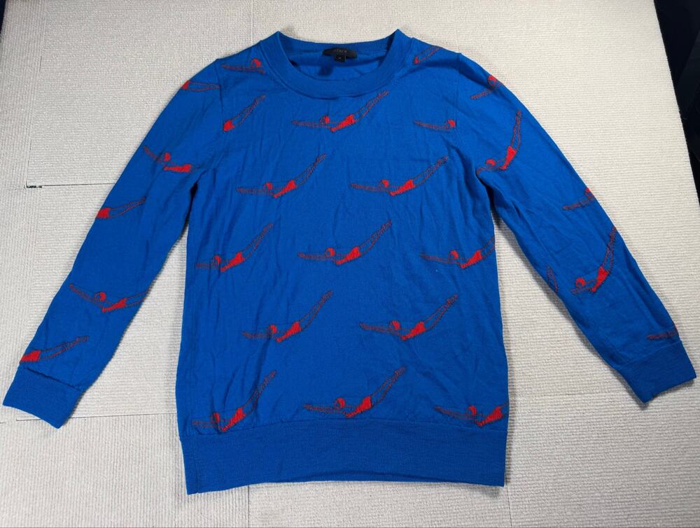 J Crew Women's Medium Merino Sweater Crew Neck Blue with Divers Print Bold